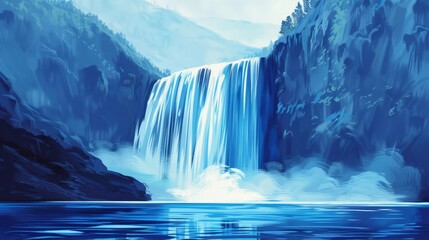 A powerful waterfall in pop art style, cascading water in bold blues, stylized mist