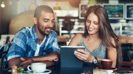 Tablet, search and couple at cafe for food choice, menu or planning brunch meal for coffee shop...