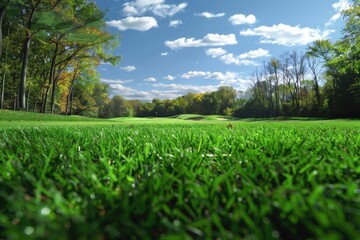 A serene landscape of trees in a grass field. Suitable for nature and outdoor themes