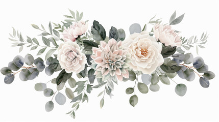 Silver sage green and blush pink flowers vector design bouquet. Wedding floral watercolor