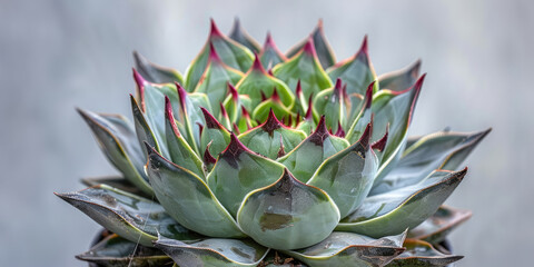 Fototapeta premium Closeup small green agave plant in a pot on minimal interior Background, copy space.