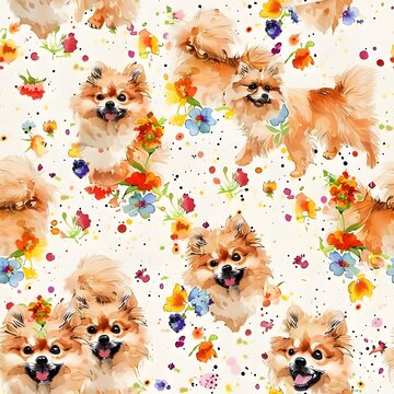 watercolor, cute and happy Pomeranians pattern on white background