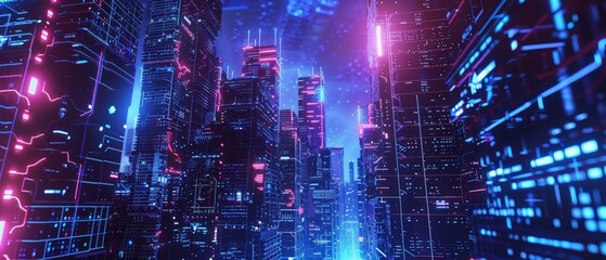 A digital painting of a cyberpunk city with skyscrapers, neon lights, and a blue and purple color scheme.
