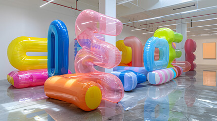 Colorful balloon-like sculptures in a white room