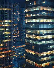 Obraz premium Nighttime illumination of a large office building complex with city skyscrapers in the background