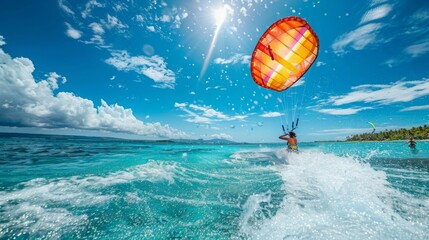 A person is parasailing in the ocean on a sunny day, with the parachute billowing above them as they are pulled by a boat. - Powered by Adobe