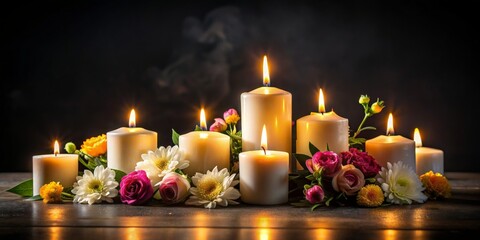 Burning candles and flowers on dark background, closeup. Space for text. AI generated