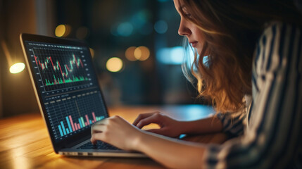 Obraz na płótnie Canvas Woman analyzing financial data on a laptop at night