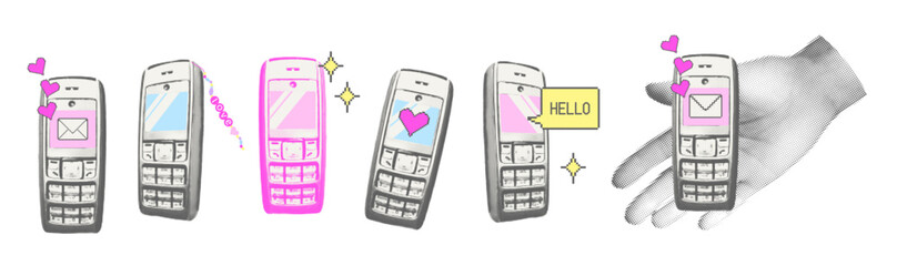 Feature phones trendy y2k elements set. Old button dumb mobile phone . Halftone collage with pixel hearts, speech bubble and envelope, nostalgia concept Vector illustration