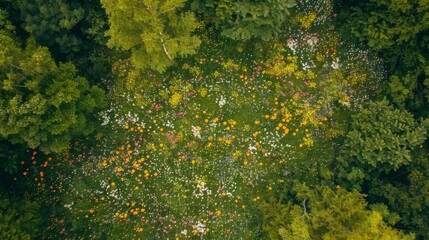 Aerial view of a vibrant wildflower field bordering a dense forest - Powered by Adobe