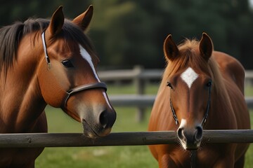 Obraz premium Two brown horses with bridles in a field and brown fence, closeup
