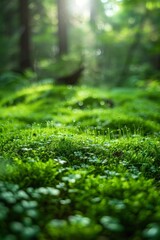 Fototapeta premium Close-up of a patch of lush green moss growing on a forest floor, with sunlight filtering through the leaves above