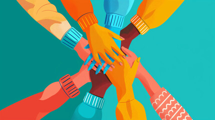 Vibrant illustration of diverse hands joined together in unity on teal background