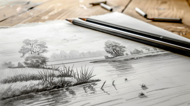 Artistic sketch of tranquil landscape on paper with pencils and drawing tools