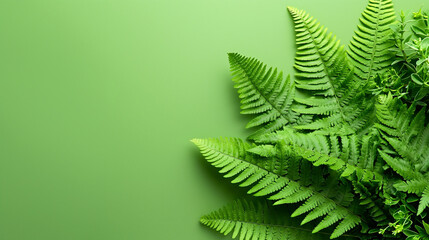 Vibrant green fern leaf pattern on bright green background with copy space
