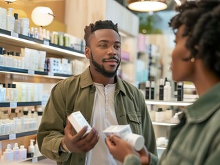 Man working with salesperson to find right moisturizer for his skin.