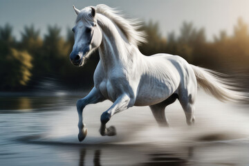 Beautiful white horse galloping in the water in Motion Blur.