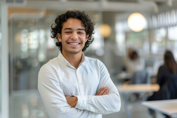Fototapeta premium Portrait of smiling young multiethnic man looking at camera with crossed arms. Successful latin business woman standing in modern office with copy space. Young university hispanic boy with smile.