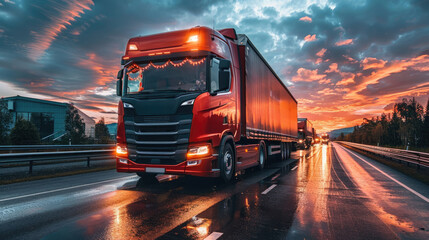 Red Semi Truck Driving Down Wet Road
