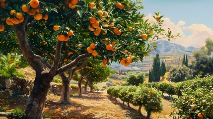 An orange tree with lush leaves and branches heavy with bright oranges, against the backdrop of a Mediterranean garden