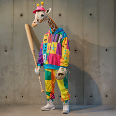 Eccentric Giraffe Dressed in Colorful Outfit Holding a Baseball Bat