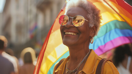 Joyful Elderly Black Woman with Pride Flag at LGBTQ Parade