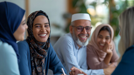 Obraz premium Happy Muslim Family Engaged in Conversation Indoors