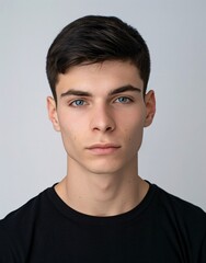 Fototapeta premium ID Photo for Passport : European young adult man with straight short black hair and blue eyes, clean-shaven, without glasses and wearing a black t-shirt