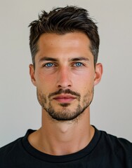 Obraz premium ID Photo for Passport : European young adult man with straight short black hair and blue eyes, short beard, without glasses and wearing a black t-shirt