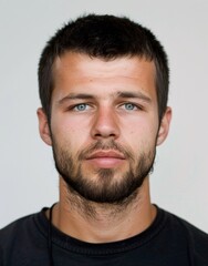 Fototapeta premium ID Photo for Passport : European adult man with straight short black hair and blue eyes, medium beard, without glasses and wearing a black t-shirt