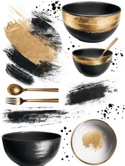 A collection of sleek black bowls with intricate gold patterns, accompanied by matching gold spoons