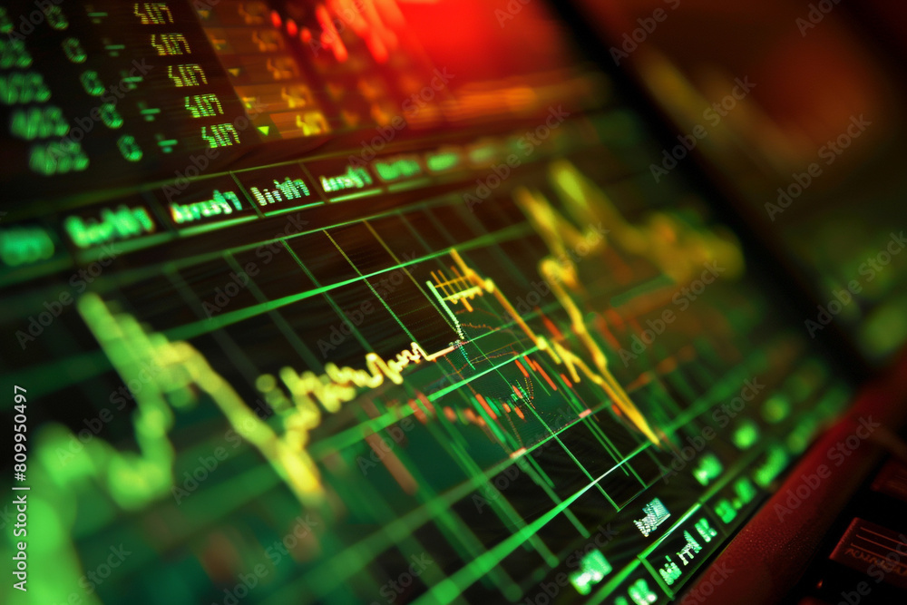 Poster macro shot of a currency exchange chart on a digital device, showing fluctuations after a central ba