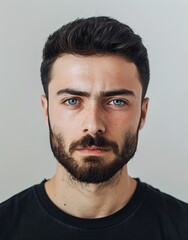 Obraz premium ID Photo for Passport : European young adult man with straight short black hair and blue eyes, medium beard, without glasses and wearing a black t-shirt
