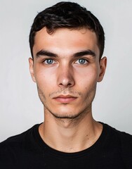 Naklejka premium ID Photo for Passport : European young adult man with straight short black hair and blue eyes, stubble, without glasses and wearing a black t-shirt