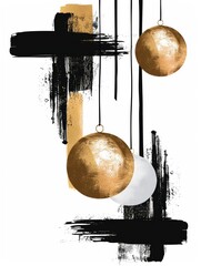A painting depicting two shiny golden balls suspended from a thin wire, against a black background