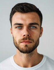 ID Photo for Passport : European young adult man with straight short black hair and blue eyes, short beard, without glasses and wearing a white t-shirt