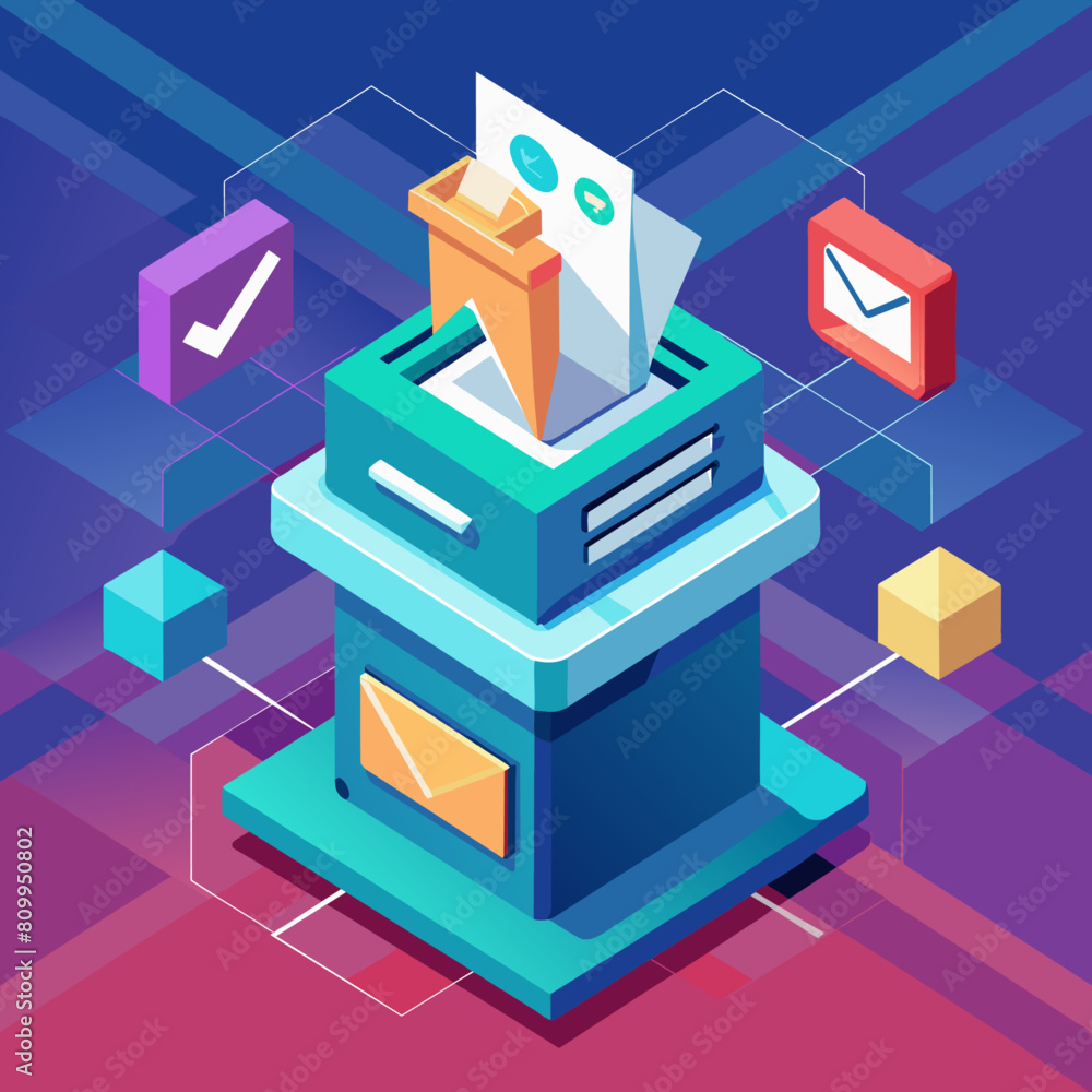 Poster digital voting system. secure electronic ballot. democracy and technology integration. low poly vect