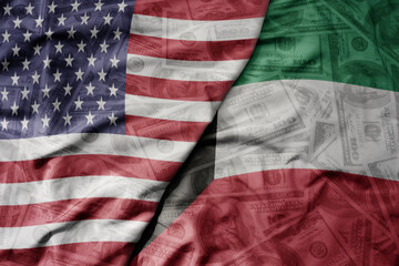 big waving colorful flag of united states of america and national flag of kuwait on the dollar...