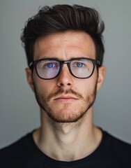 ID Photo for Passport : European young adult man with straight short black hair and blue eyes, stubble, with glasses and wearing a black t-shirt