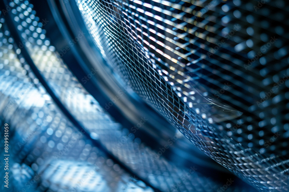 Poster macro shot of a filter being installed in a ventilation system, focusing on the mesh and airflow