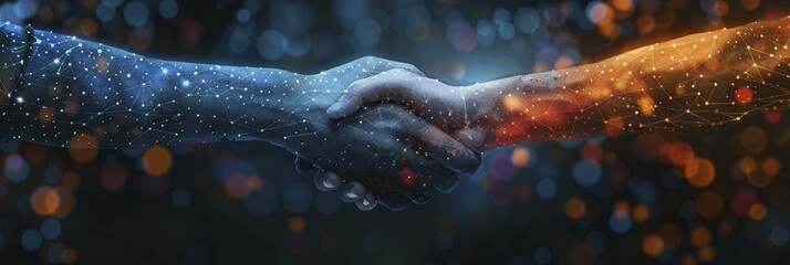 A symbolic digital handshake in the graphic signifies the unity of tech companies through mergers and alliances.