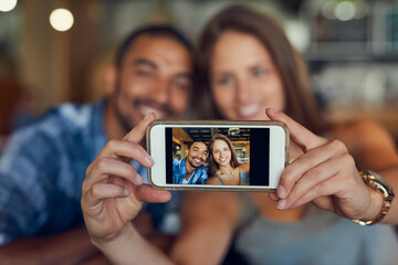 Phone screen, selfie or happy couple at cafe for brunch date, romance or anniversary celebration....