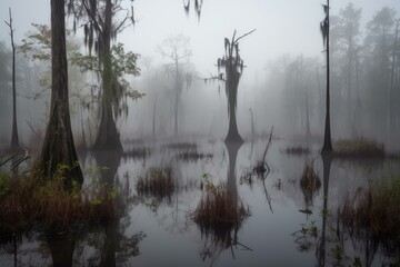 Swamp foggy morning lake. Water park. Generate Ai