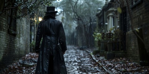 Obraz premium Mysterious Man In Rainy Cobblestone Alley
