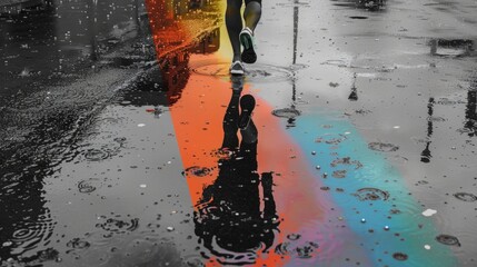 A black and white photorealistic image of a lone runner wearing a charity bib