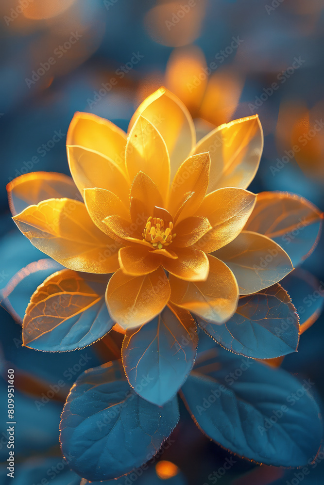 Poster a dynamic representation of rhodiola, with golden waves pulsating outward from the plant's core.