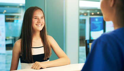 Help, reception and nurse with patient in hospital for advice, medical and information. Medicine,...