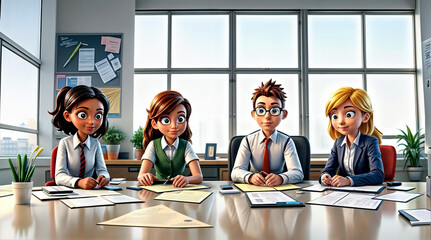 Four animated characters in business attire sit at a conference table with papers and a binder in front of them.