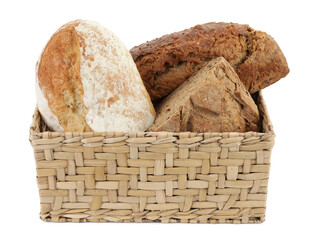Basket with different types of fresh bread isolated on white