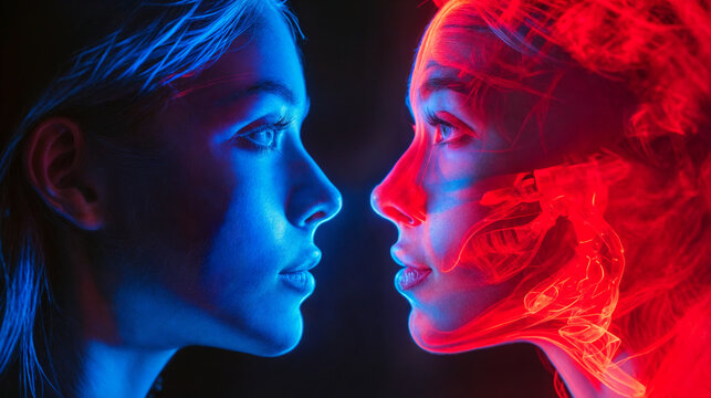 Futuristic Encounter, Blue and Red Illuminated Female Profiles with Mechanical Features, Concept of Human and AI Integration